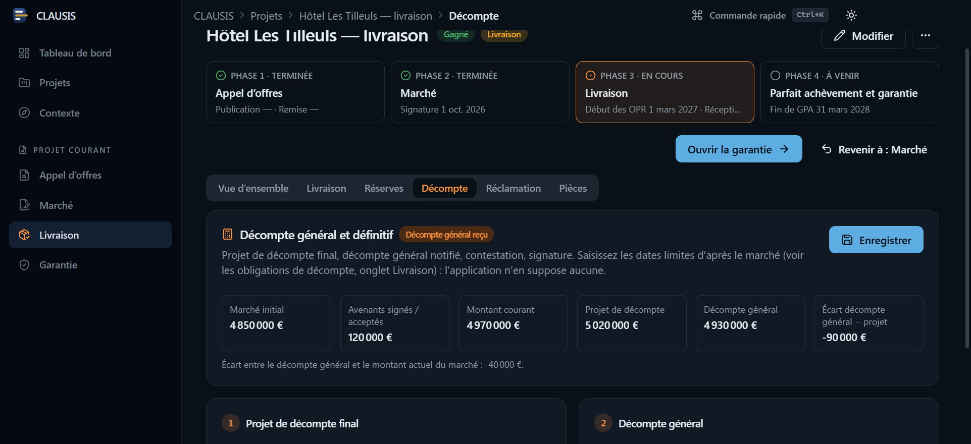 Phase Livraison : décompte général et définitif et écarts de montants