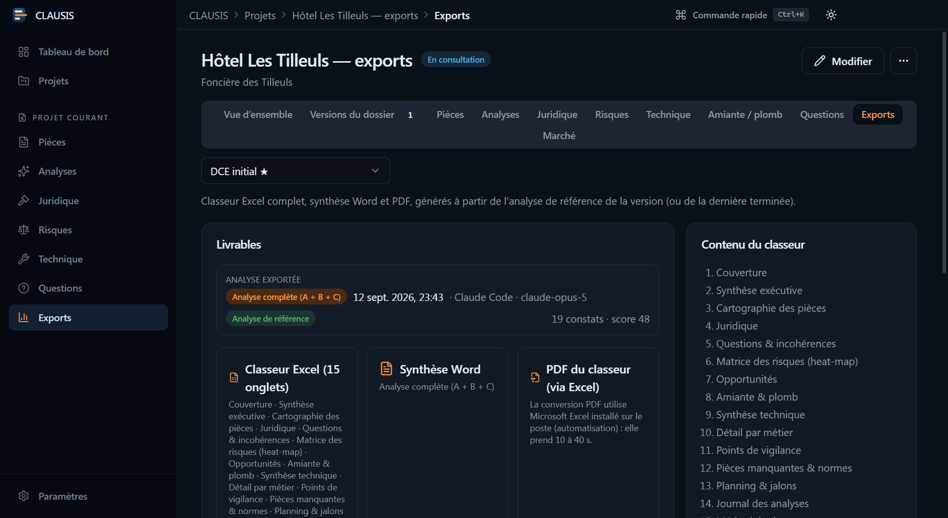 Onglet Exports : livrables Excel, Word et PDF