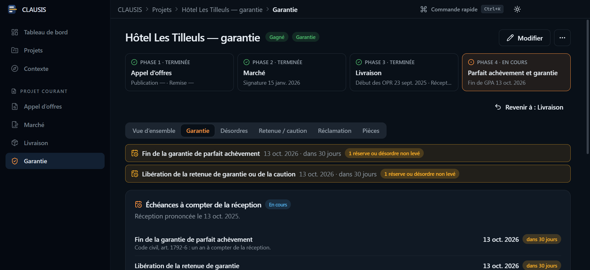 Phase Garantie : alertes et échéances à compter de la réception