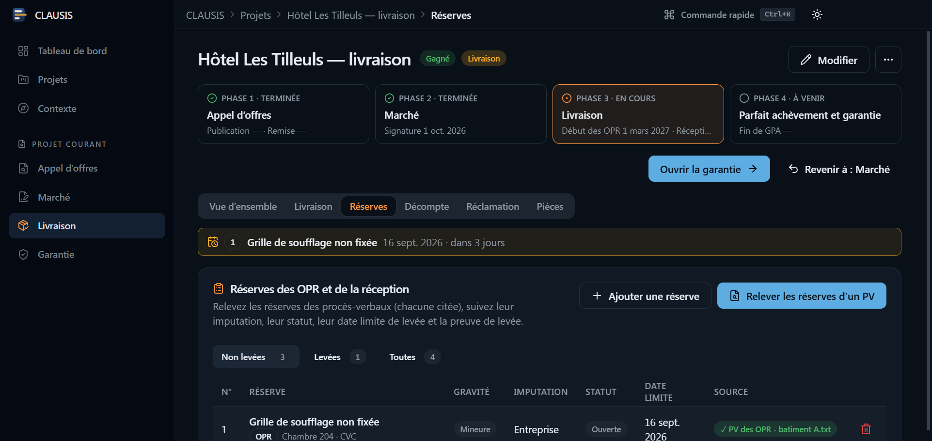 Phase Livraison : registre des réserves relevées dans le procès-verbal des OPR
